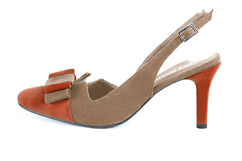 Terracotta orange and tan beige women's open back shoes, with a knot. Round toe. High slim heel. Profile view - Florence KOOIJMAN